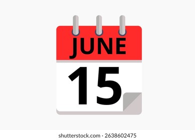 15 June calendar icon text page monthly web design on red, black and white background vector, icon, or illustration with the month of June 15