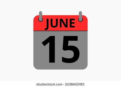 15 June calendar icon text page monthly web design on red, black and white background vector, icon, or illustration with the month of June 15