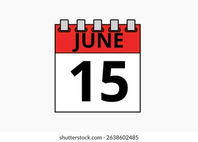 15 June calendar icon text page monthly web design on red, black and white background vector, icon, or illustration with the month of June 15
