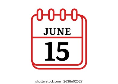 15 June calendar icon text page monthly web design on red, black and white background vector, icon, or illustration with the month of June 15