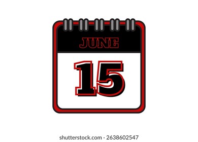 15 June calendar icon text page monthly web design on red, black and white background vector, icon, or illustration with the month of June 15