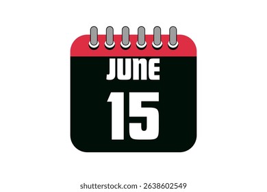 15 June calendar icon text page monthly web design on red, black and white background vector, icon, or illustration with the month of June 15