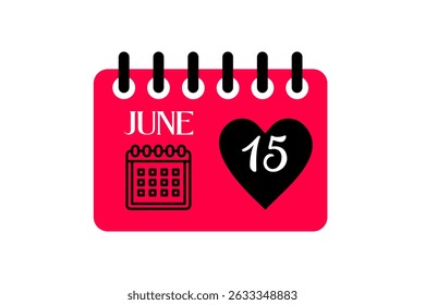15 June month single day vector, illustration, calendar with red, black and white color background calendar icon of June 15