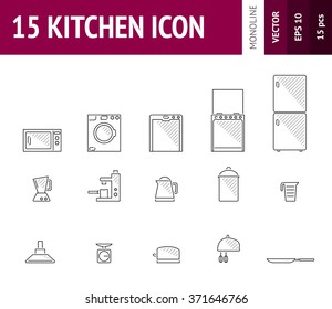 15 Kitchens icon with dashed lines. Symbols of kitchens. Mixer, dishwasher, refrigerator, microwave oven, blender and over stuff. Icon in simple style for using on web and paper. 