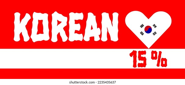 15% Korean sign label vector art illustration with white font, blue color, and red background with heart shape. Banner template design for social media and website.