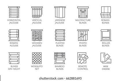 15 ícones de linha de vários projetos de cortinas, persianas, jalousie, mosquiteiros e controle remoto. Grande conjunto vetorial de rótulos de contorno isolados em um fundo branco