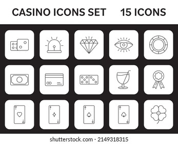 15 Lineart Casino Icon Set On Black And White Sqaure Background.