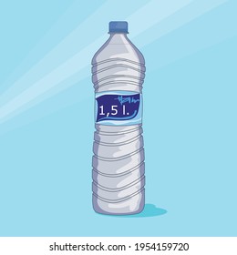 1.5 liter water in a plastic bottle with a blue background.