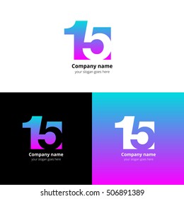 15 logo icon flat and vector design template. Monogram numbers one and five. Logotype fifteen with gradient color. Creative vision concept logo, elements, sign, symbol for card, brand, banners.