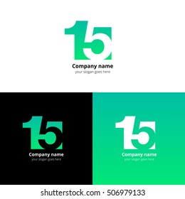 15 logo icon flat and vector design template. Monogram numbers one and five. Logotype fifteen with green gradient color. Creative vision concept logo, elements, sign, symbol for card, brand, banners.