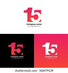 15 logo icon flat and vector design template. Monogram numbers one and five. Logotype fifteen with red-pink gradient color. Creative vision concept logo, elements, sign, symbol card, brand, banners.