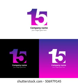 15 logo icon flat and vector design template. Monogram numbers one and five. Logotype fifteen with violet gradient color. Creative vision concept logo, elements, sign, symbol for card, brand, banners.