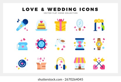 15 Amor e Casamento ícone plano pack. ilustração vetorial.