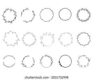 15 lovely round vector frames to decorate your holiday merchandise. Wreaths of flowers, leaves, branches. Black and white frames. Hand drawing