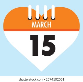 15 March calendar icon orange heart shape on light sky blue color background, calendar vector symbol for the month of March.