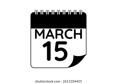 15 March calendar icon text page monthly web design on black and white background vector, icon, or illustration with the month of March 15