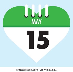 15 May calendar icon green heart shape on light sky blue color background, calendar vector symbol for the month of May.