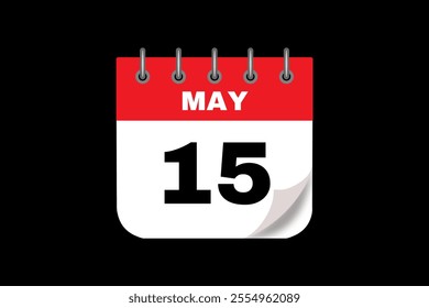 15 May calendar icon text page monthly web design on red, white and black background vector, icon, or illustration with the month of May 15