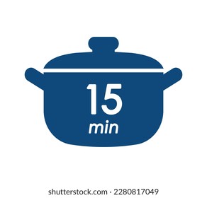 15 min cooking time blue label, cooking pot symbol with fifteen minute mark, boiling time vector illustration