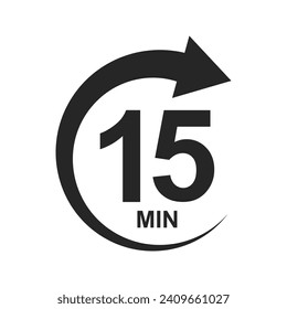 15 min countdawn sign. Fifteen minutes icon with round arrow. Stopwatch symbol. Sport or cooking timer isolated on white background. Delivery, deadline, duration pictogram. Vector graphic illustration