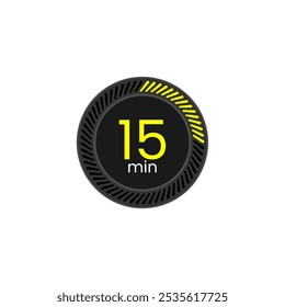 15 min timer icon. Chronometer vector illustration. Black and Yellow. Fifteen minutes.