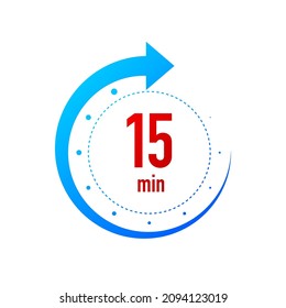 15 minute clocks arrows. Work time effect or delivery service time icons. White background. Vector illustration.
