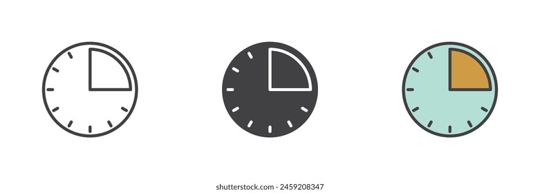 15 minute time different style icon set. Line, glyph and filled outline colorful version, outline and filled vector sign. Quarter past time Symbol, logo illustration. Vector graphics