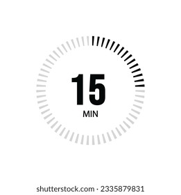 15 Minute timer clock. 15 min stopwatch icon countdown time digital stop chronometer.