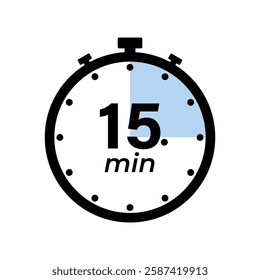 15 minute Timer, clock, stopwatch isolated icons. Countdown timer symbol. Label cooking time. Minute timer, Time measure, Chronometer, Alarm, Kitchen timer, label, sticker, stamp. Vector illustration