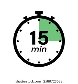 15 minute Timer, clock, stopwatch isolated icons. Countdown timer symbol. Label cooking time. Minute timer, Time measure, Chronometer, Alarm, Kitchen timer, label, sticker, stamp. Vector illustration