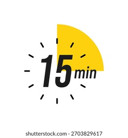 15 minutos Timer, relógio, cronômetro ícones isolados. Símbolo de timer de contagem regressiva. Hora de cozimento do rótulo. Temporizador de minutos, Medida de tempo, Cronômetro, Alarme, Temporizador de cozinha, rótulo, adesivo, selo.  Ilustração vetorial