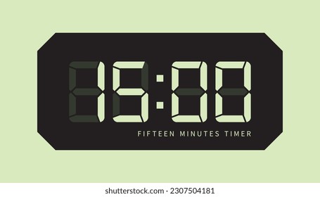 15 Minute Timer Digital Clock Icon, Retro LED Style. Clock, Stop Watch Button, Showing Fifteen Minutes State. Countdown, Cooking, Amount Indication. Isolated Vector