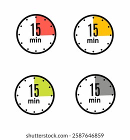 15 Minute timer icons. sign for fifteen minutes. the limited cooking time or deadline for an event or task.modern flat design. Clock, stop watch, chronometer showing five minutes label