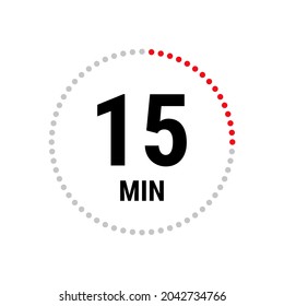 15 minute vector icon, stopwatch symbol, countdown. Isolated illustration with timer. 