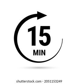 15 minute vector icon, stopwatch symbol, countdown. Isolated illustration with timer. 