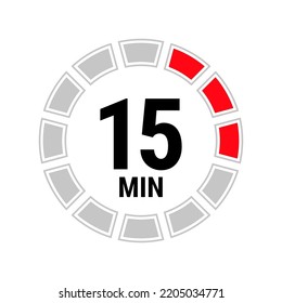 15 minute vector icon, stopwatch symbol, countdown. Isolated illustration with timer.