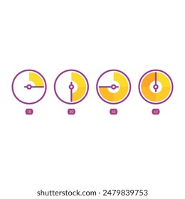 15 minutes, 30 minutes, 45 minutes, 60 minutes tar set. purple-orange four-step indicator concept. time setting dial set