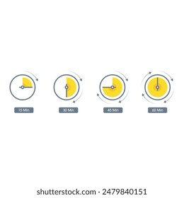 15 minutes, 30 minutes, 45 minutes, 60 minutes tar set. four step indicator concept. time setting dial set