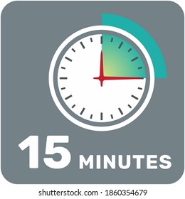 15 minutes, analog clock, isolated timer icon. Vector illustration, EPS.