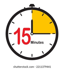 15 Minutes Clock Icon. Vector Fifteen Minutes Symbol Isolated on White background.