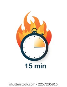 15 minutes clock on fire icon. Quarter of hour and segment on circle. Template, layout and mock up. Burning timer, notification for programs and applications. Cartoon flat vector illustration