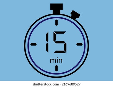 15 minutes icon isolated on blue background. Watch, timer, countdown symbol.