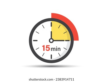 15 minutes on stopwatch icon in flat style. Clock face timer vector illustration on isolated background. Countdown sign business concept.