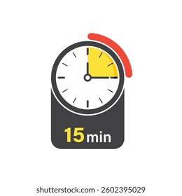 15 minutes on stopwatch icon in flat style. Clock face timer vector illustration on isolated background. Countdown sign business concept.