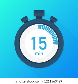 The 15 minutes, stopwatch vector icon. Stopwatch icon in flat style, 15 minutes timer on on color background.  Vector stock illustration.