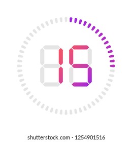 The 15 minutes, stopwatch vector icon, digital timer. Vector digital count down circle board with circle time pie diagram. Watch outline style design, designed for web and app.