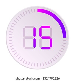 The 15 minutes, stopwatch vector icon, digital timer. Vector digital count down circle board with circle time pie diagram. Watch outline style design, designed for web and app.