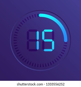 The 15 minutes, stopwatch vector icon, digital timer. Vector digital count down circle board with circle time pie diagram. Watch outline style design, designed for web and app.