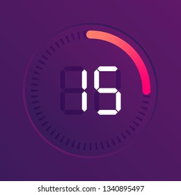 The 15 minutes, stopwatch vector icon, digital timer. Vector digital count down circle board with circle time pie diagram. Watch outline style design, designed for web and app.