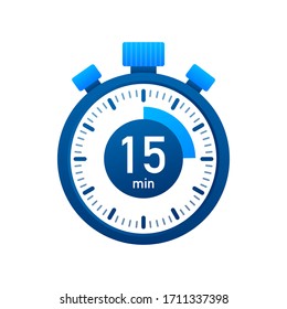 The 15 minutes, stopwatch vector icon. Stopwatch icon in flat style, timer on on color background. Vector illustration